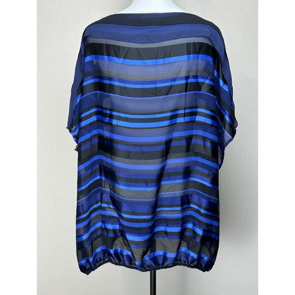 Lane Bryant Women 22/24 Sheer Navy Black Blue Striped Blouse Elastic Bottom Hem - Picture 10 of 16